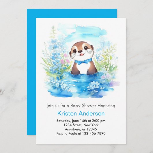 Invitation Whimsical Otter's Blue Floral Boy Baby shower (Devant / Derrière)