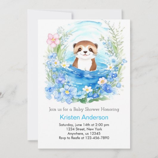Invitation Whimsical Otter's Watercolor Boy Baby shower (Devant)