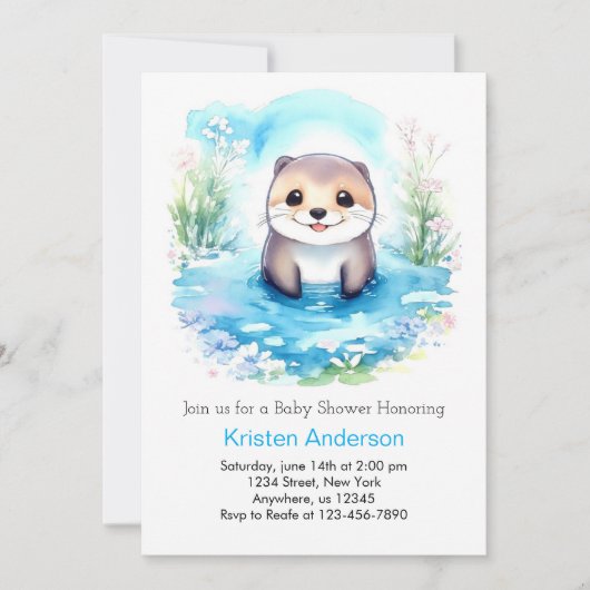 Invitation Whimsical Otter's Watercolor Boy Baby shower (Devant)