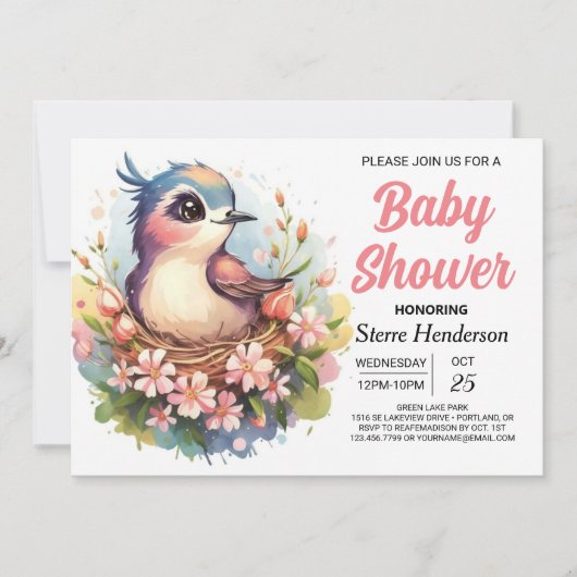 Invitation Whimsical Pastel Baby shower aux oiseaux roses (Devant)