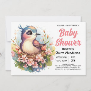 Invitation Whimsical Pastel Baby shower aux oiseaux roses