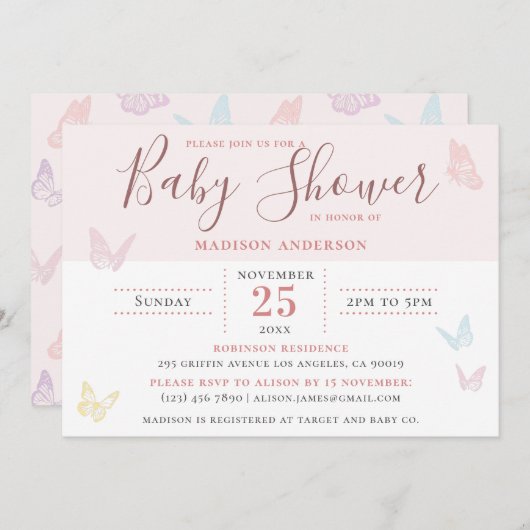 Invitation Whimsical Pastel rose papillon Baby shower fille (Devant / Derrière)