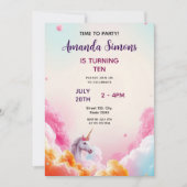 Invitation Whimsical Pastel Unicorn Cloud Girly 10th Birthday (Devant)