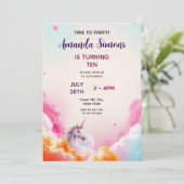 Invitation Whimsical Pastel Unicorn Cloud Girly 10th Birthday (Debout devant)