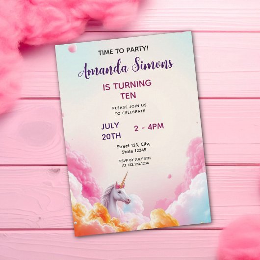 Invitation Whimsical Pastel Unicorn Cloud Girly 10th Birthday
