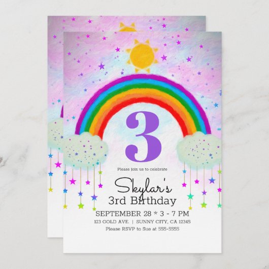 Invitation Whimsical Peint Arc-en-ciel & Étoiles fête d'anniv (Devant / Derrière)