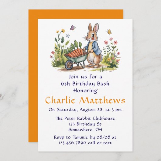 Invitation Whimsical Peter Rabbit garçon Anniversaire Bash (Devant / Derrière)