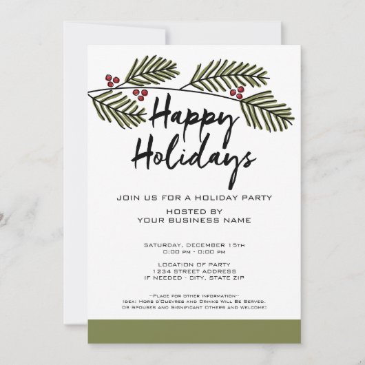 Invitation Whimsical Pine Branch Rustic Script Fête de vacanc (Devant)
