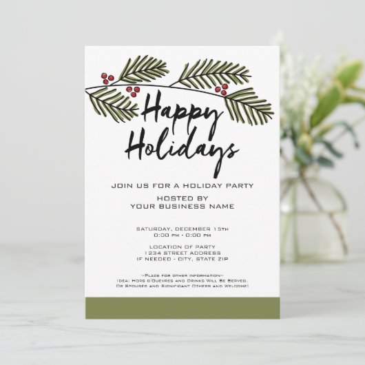 Invitation Whimsical Pine Branch Rustic Script Fête de vacanc (Debout devant)
