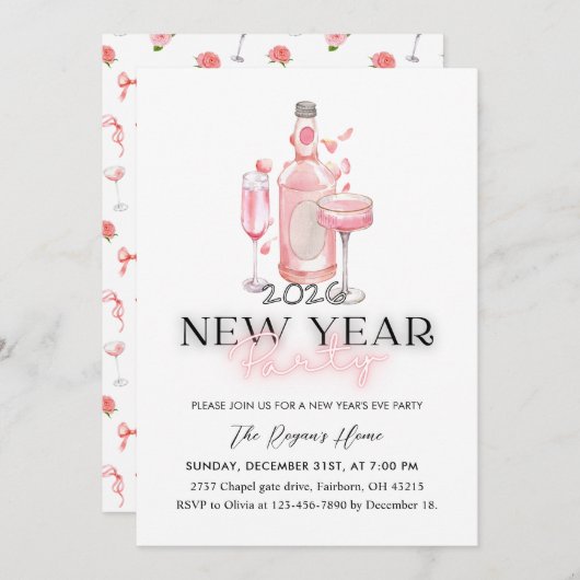 Invitation Whimsical Pink 2026 New Year Party (Devant / Derrière)