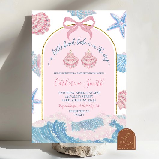 Invitation Whimsical Pink and Blue Beach Babe Baby Shower