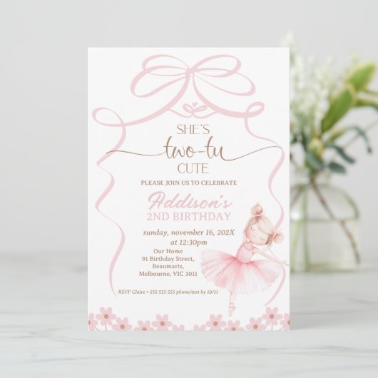 Invitation Whimsical Pink Ballerina Two Tu Cute 2e anniversai (Debout devant)