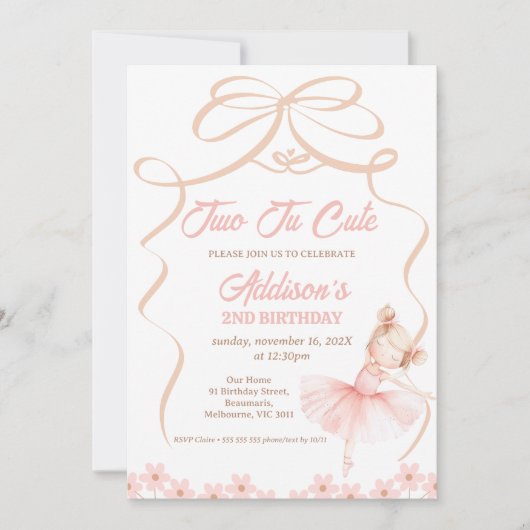 Invitation Whimsical Pink Ballerina Two Tu Cute 2e anniversai (Devant)