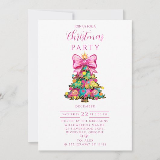 Invitation Whimsical Pink Bow Christmas Tree (Devant)