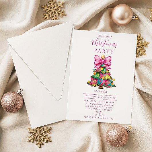 Invitation Whimsical Pink Bow Christmas Tree