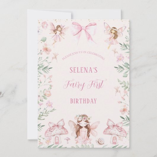 Invitation Whimsical Pink Bow Fairy Premier anniversaire Anni (Dos)