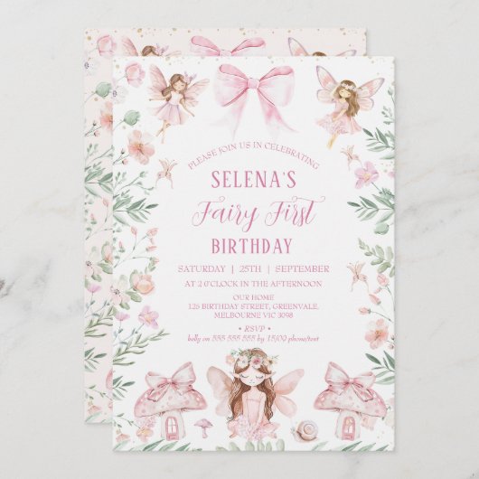 Invitation Whimsical Pink Bow Fairy Premier anniversaire Anni (Devant / Derrière)