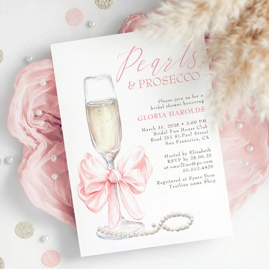 Invitation Whimsical Pink Bow Pearls & Prosecco Bridal Shower