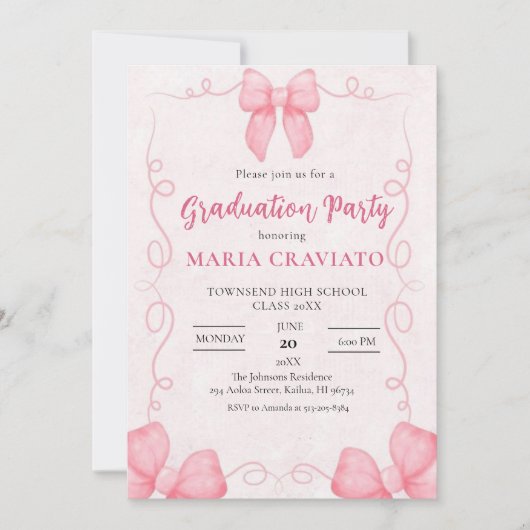 Invitation Whimsical Pink Bows Frame Graduation Party Invita (Devant)