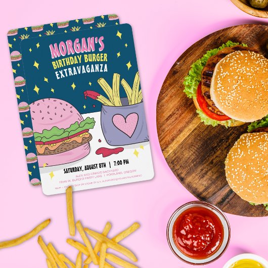 Invitation Whimsical Pink Burger et Fries fête d'anniversaire