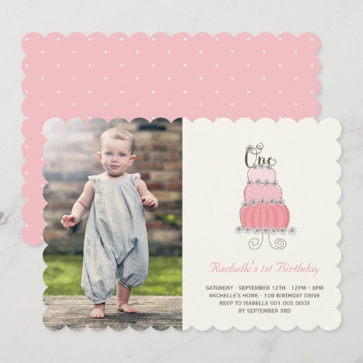 Invitation Whimsical Pink Cake Baby Girl Premier anniversaire (Devant / Derrière)