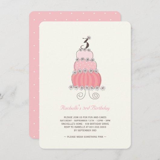 Invitation Whimsical Pink Cake Girl 3ème anniversaire Invitat (Devant / Derrière)