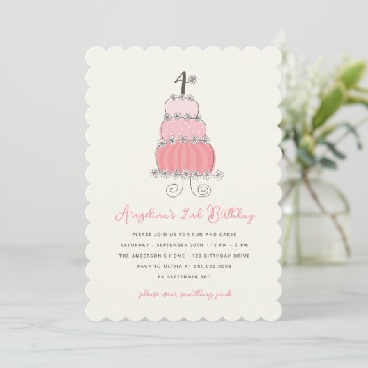 Invitation Whimsical Pink Cake Girl 4e anniversaire Invitatio (Debout devant)