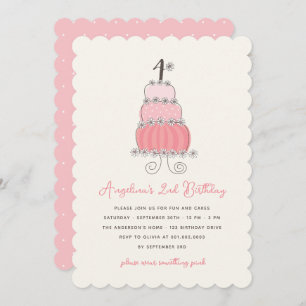 Invitation Whimsical Pink Cake Girl 4e anniversaire Invitatio