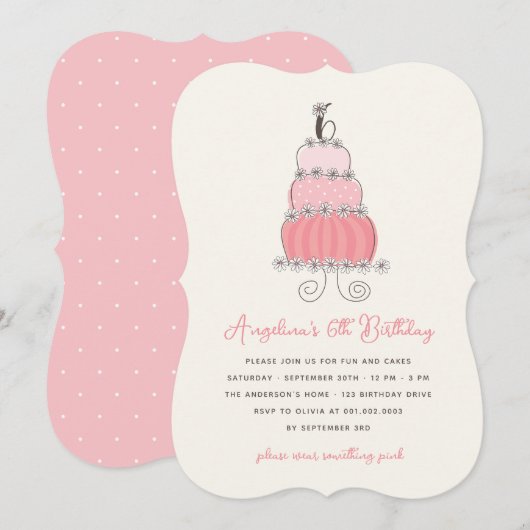 Invitation Whimsical Pink Cake Girl 6e anniversaire Invitatio (Devant / Derrière)
