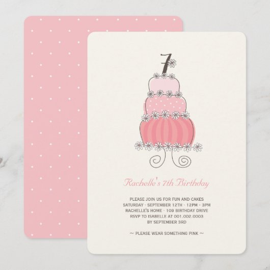 Invitation Whimsical Pink Cake Girl 7e anniversaire Invitatio (Devant / Derrière)