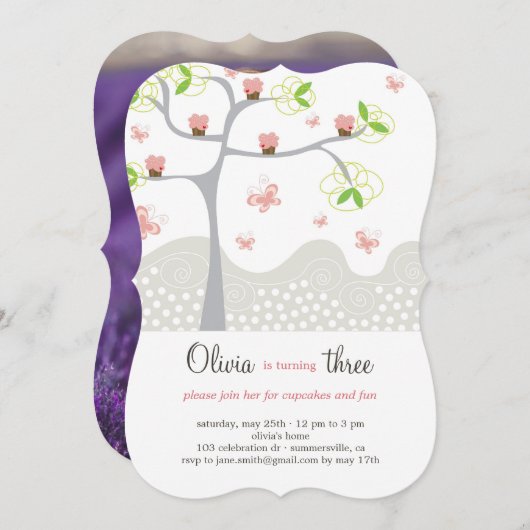 Invitation Whimsical Pink Cupcakes Tree Girl Birthday Invitat (Devant / Derrière)