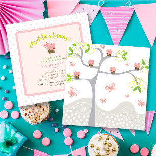 Invitation Whimsical Pink Cupcakes Tree Sweet Girl'anniversai
