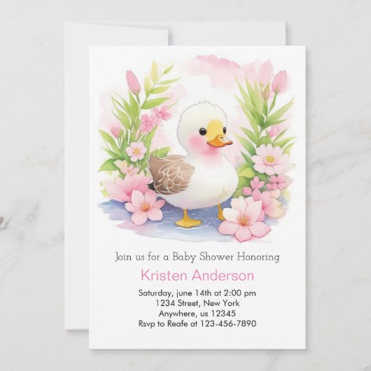 Invitation Whimsical Pink Duck Watercolor Baby shower fille (Devant)