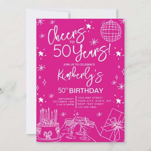 Invitation Whimsical Pink encourage à 50 ans Anniversaire (Devant)