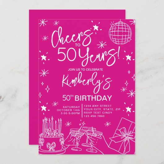 Invitation Whimsical Pink encourage à 50 ans Anniversaire (Devant / Derrière)
