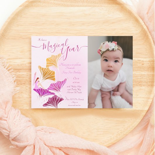 Invitation Whimsical Pink Fairy Premier photo Anniversaire