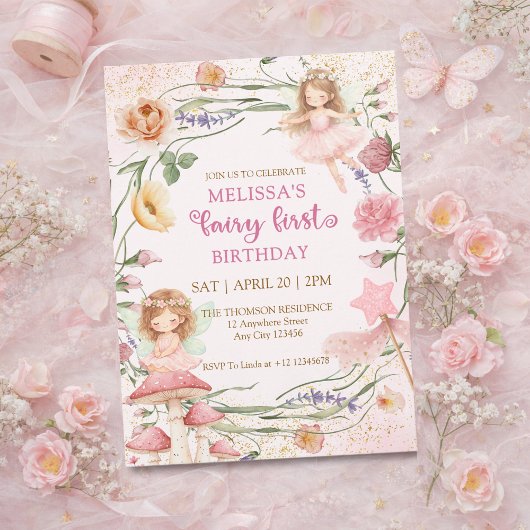 Invitation Whimsical Pink Floral Fairy First Garden Birthday 