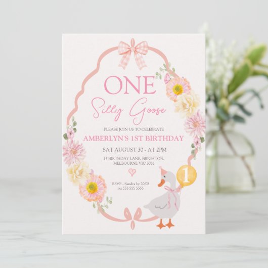 Invitation Whimsical Pink Floral One Silly Goose 1st Birthday (Debout devant)