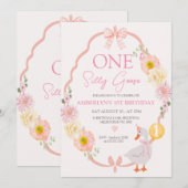 Invitation Whimsical Pink Floral One Silly Goose 1st Birthday (Devant / Derrière)