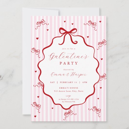 Invitation Whimsical Pink Red Bow Heart Galentine's Party (Devant)