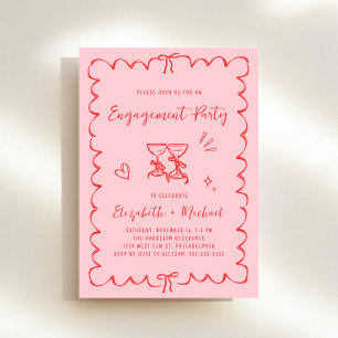 Invitation Whimsical Pink Red Wavy Frame Engagement