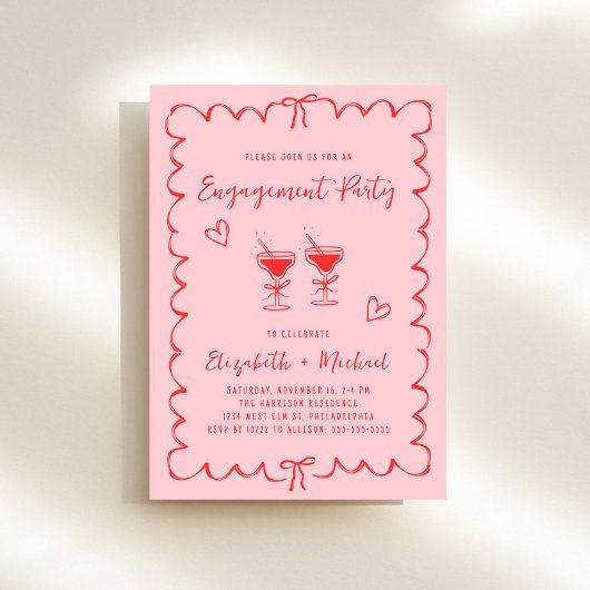 Invitation Whimsical Pink Red Wavy Frame Engagement