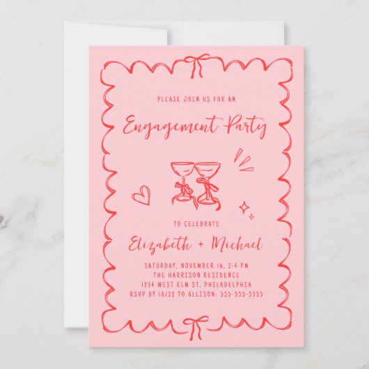 Invitation Whimsical Pink Red Wavy Frame Engagement (Devant)