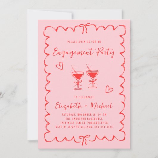 Invitation Whimsical Pink Red Wavy Frame Engagement (Devant)