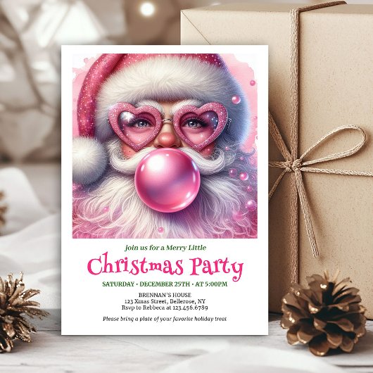 Invitation Whimsical Pink Santa Bubble Gum Funny Christmas