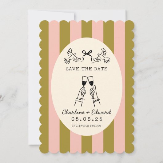 Invitation Whimsical Pink Striped Scribble Save the Date (Devant)