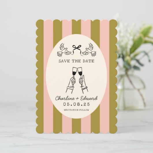 Invitation Whimsical Pink Striped Scribble Save the Date (Debout devant)