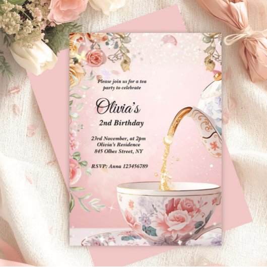 Invitation Whimsical Pink Tea Party Floral Birthday 