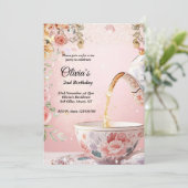 Invitation Whimsical Pink Tea Party Floral Birthday  (Debout devant)