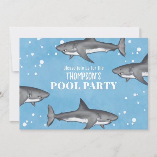 Invitation Whimsical Pool Party Sharks QR Code Social Media (Devant)